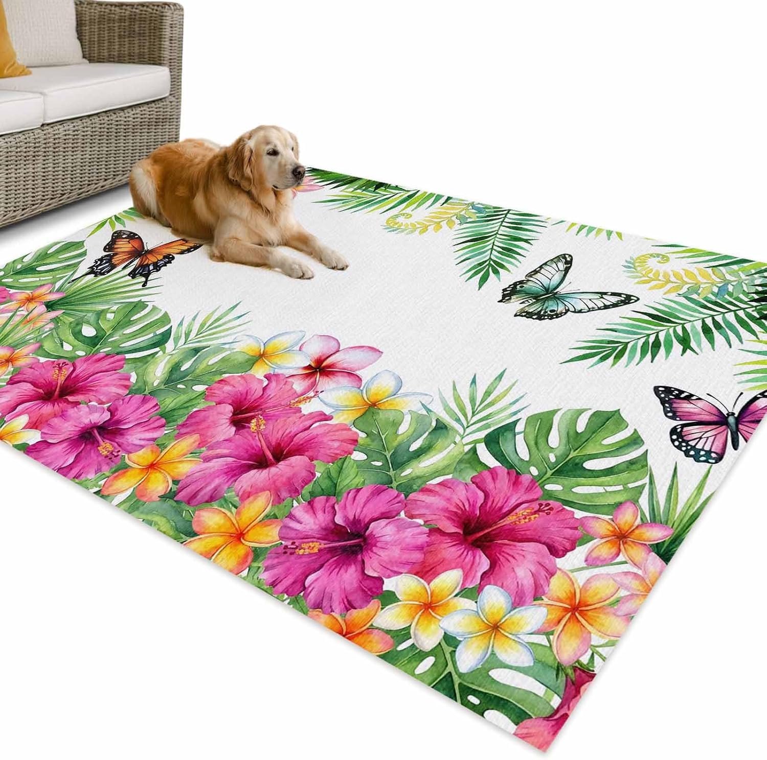 Outdoor Rug 6x9ft Summer Flower Leaf Butterfly Patio Area Rugs Waterproof Easy Cleaning Non Shedding Thick Mats Pastoral Floral Plant Carpet for Indoor Outdoor Porch Deck Backyard Balcony