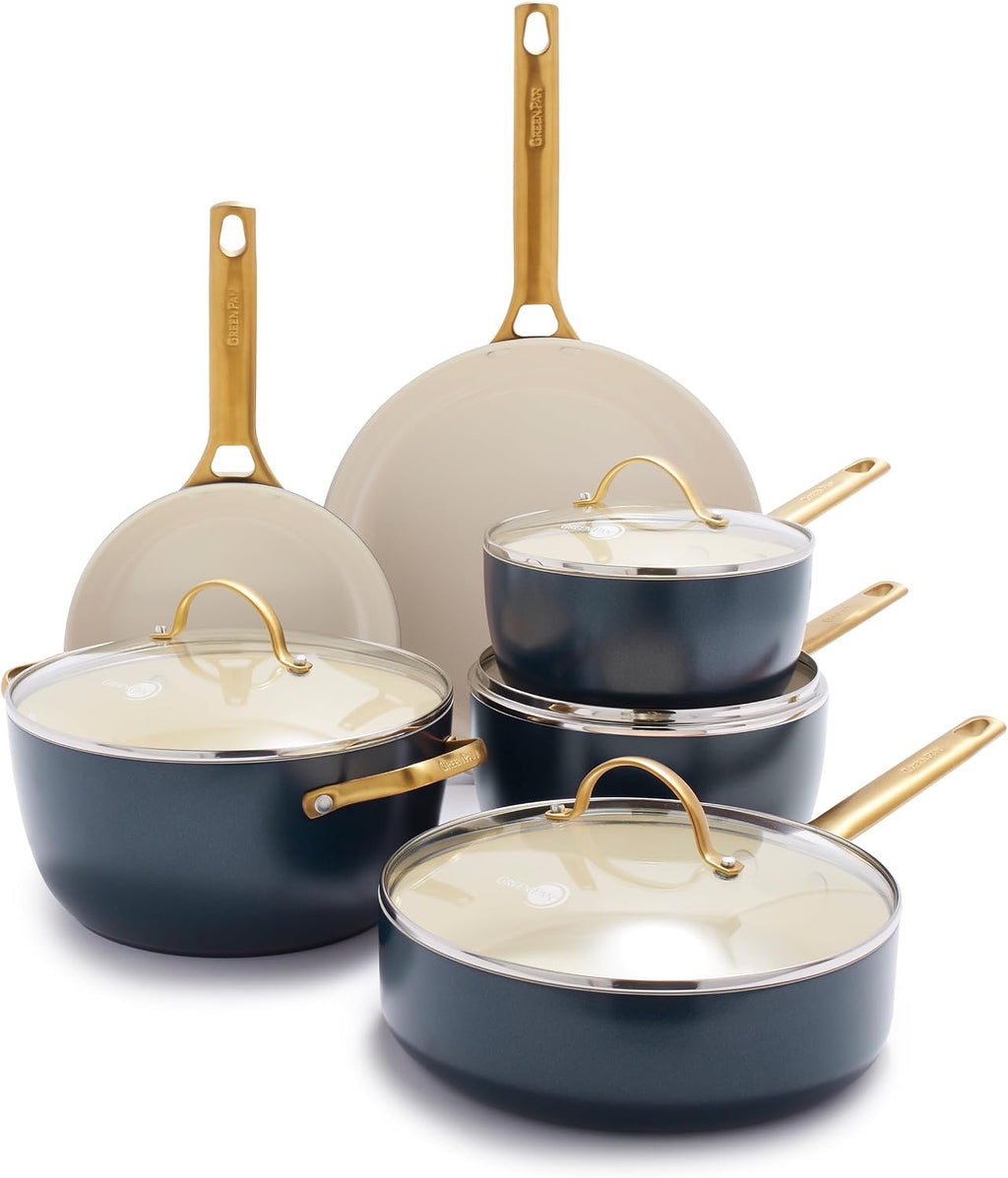 GreenPan Hard Anodized Healthy Ceramic Nonstick 10 Piece Cookware Pots and Pans Set, Gold-Tone Stainless Steel Handles, PFAS & PFOA-Free, Dishwasher Safe, Oven & Broiler Safe, Twilight Blue