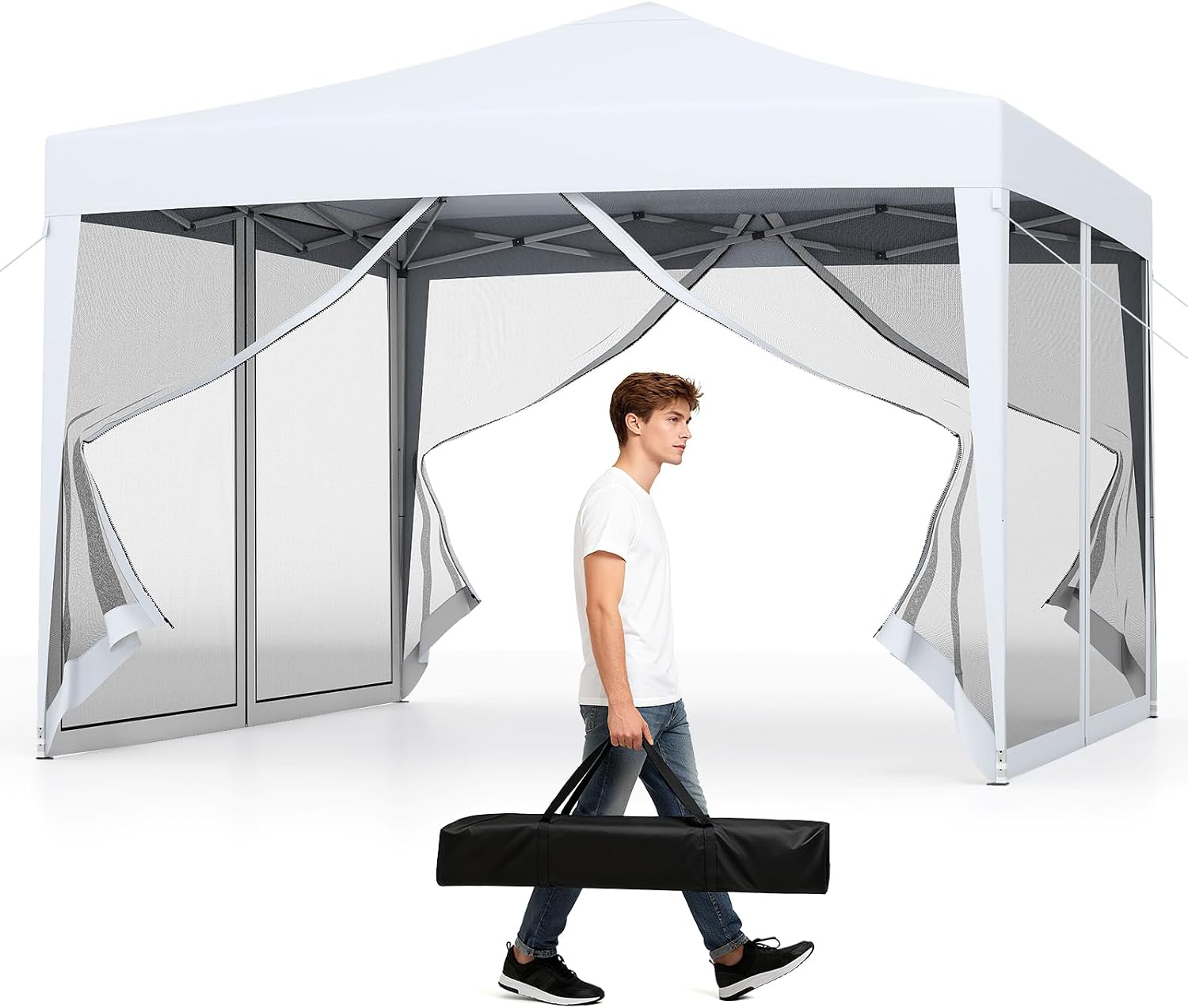 Tangkula 10x10 Ft Pop Up Canopy with Netting, Easy Up Outdoor Tent with Mesh Sidewalls, Carrying Bag, Adjustable Height, Portable Canopy Tent for Parties Events Camping Travel