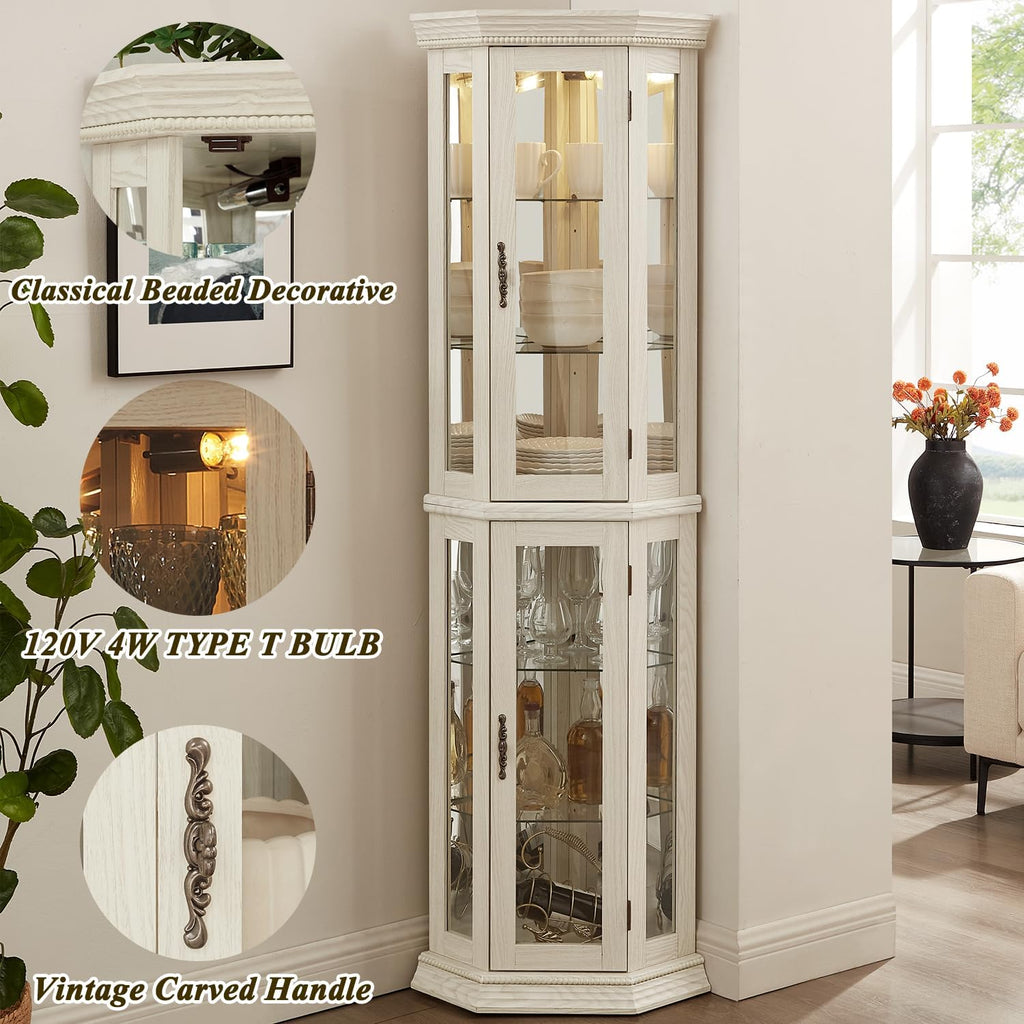 69'H Lighted Corner Display Cabinet, 6-Tier Wooden Curio Glass Cabinet with Adjustable Shelves & Glass Door, Corner Storage Display Case with Mirrored Back Pane for Living Room (Antique White)