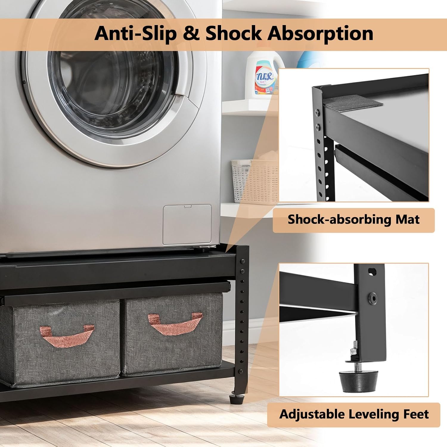 Washer and Dryer Pedestals, 28x28x16inch Universal Washing Machine Stand with Laundry Basket Shelf, Portable Storage Bag, Adjustable Feet and 4 Silicone Pads, 800LBS Capacity
