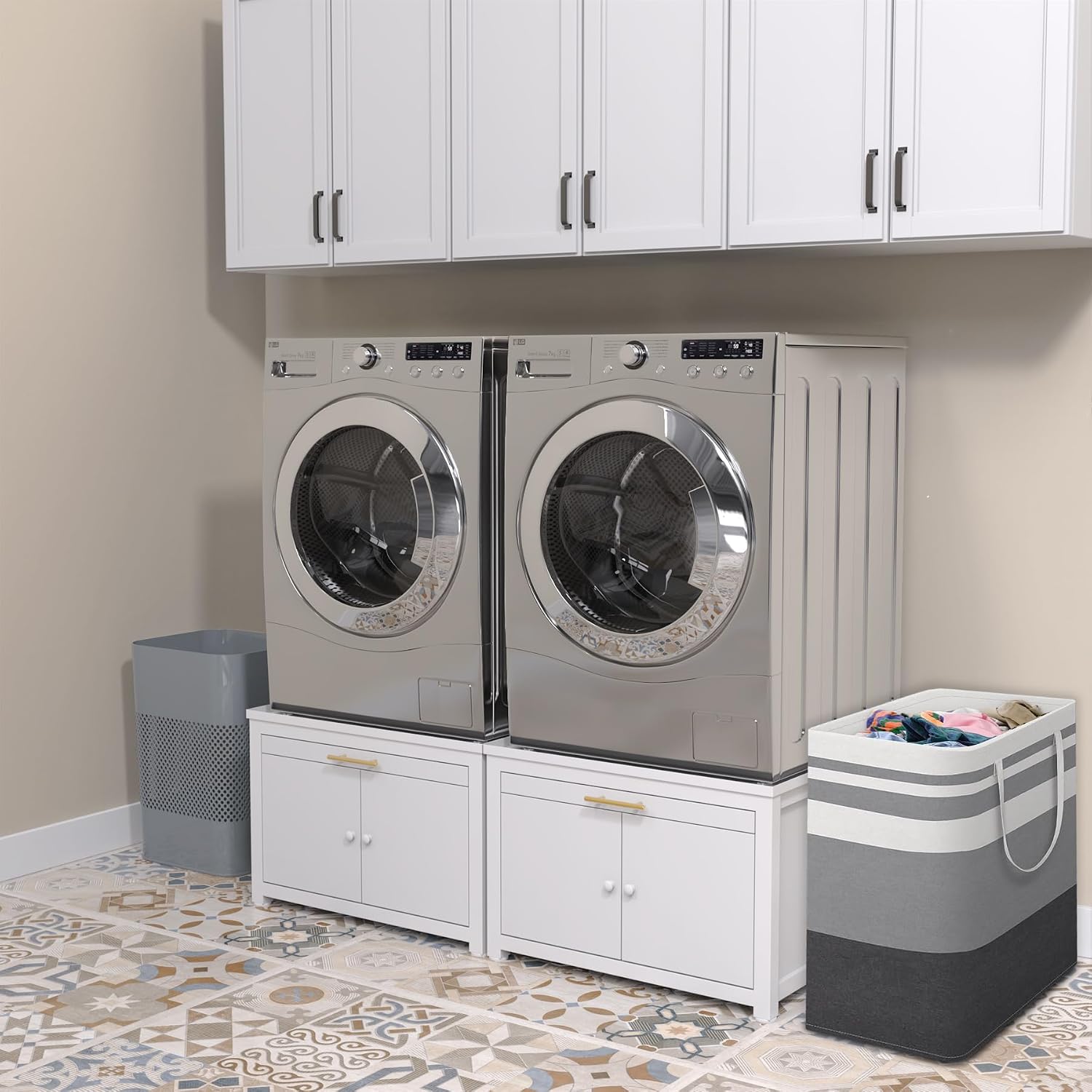 GDLF Laundry Pedestal Heavy Duty Metal Washer and Dryer Stand 29' Universal Fit Anti-Vibration Washing Machine Stand with Laundry Basket Shelf and Built-in Drain Pan + Hose,770 LBS Capacity,White