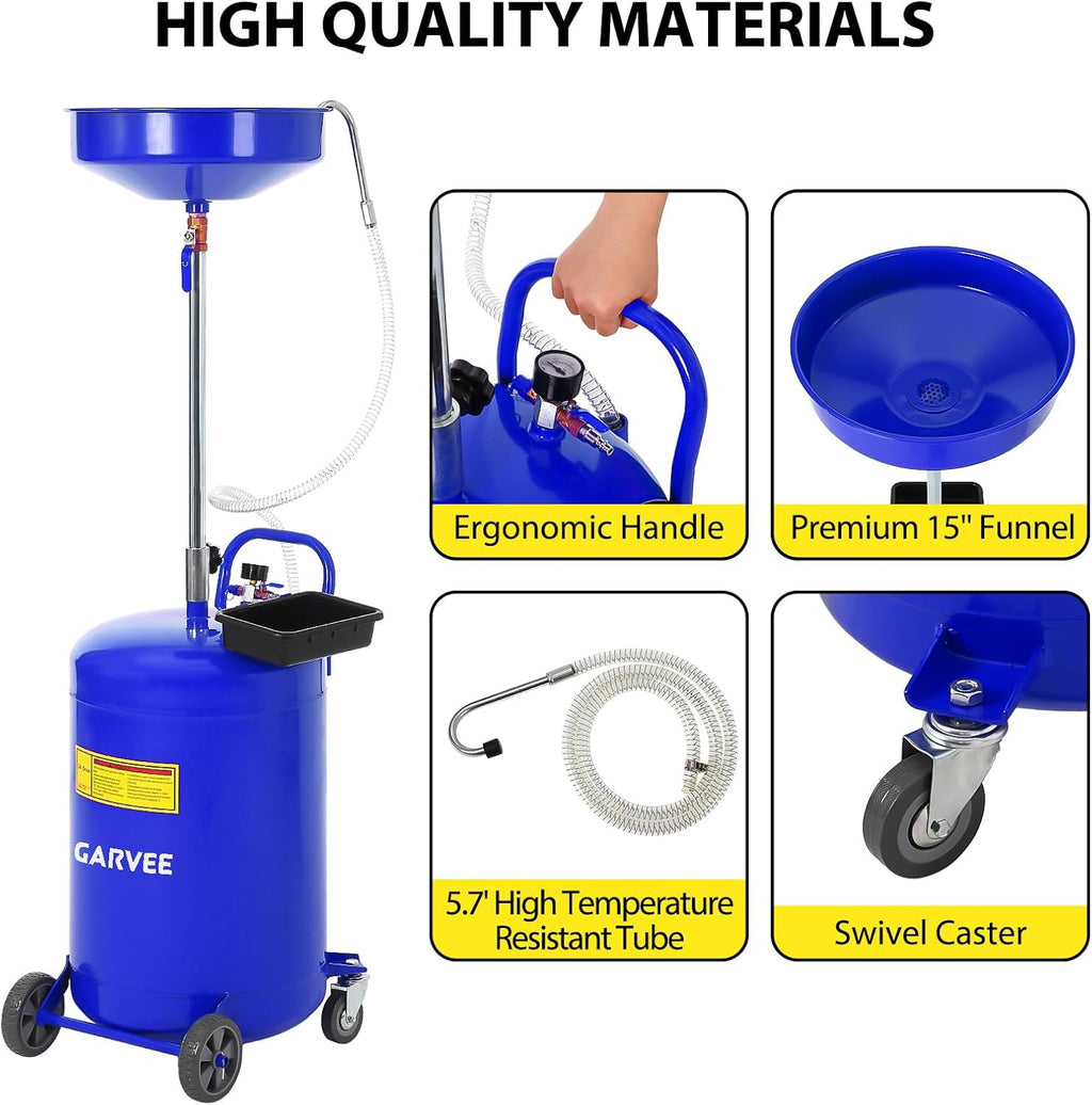 Garvee 20 Gallon Waste Oil Drain Tank, Portable Oil Drain Container, Air Operated Drainer, Fluid Fuel Transfer Drainage, Adjustable Funnel Height with Wheel &15'' Premium Bowl and a Toolbox