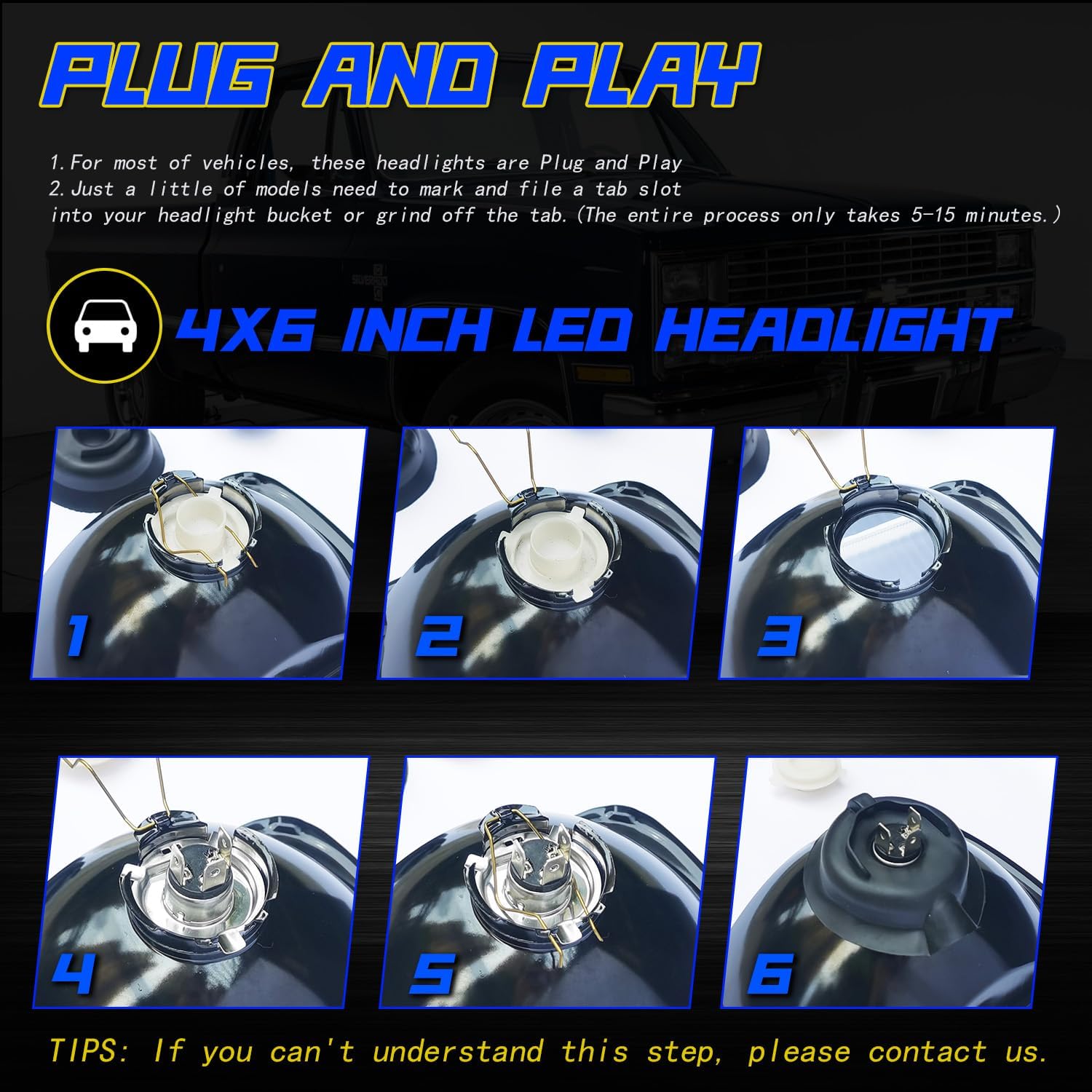 gigididi For Chevy Malibu 1978-1981 El Camino,LED Light Bulbs,7x6 inch H6054 Headlight Square Glass Lens Housing+H4 High&Low Sealed Beam Headlight Lamp for Cars, Truck and Van, 4 PCS