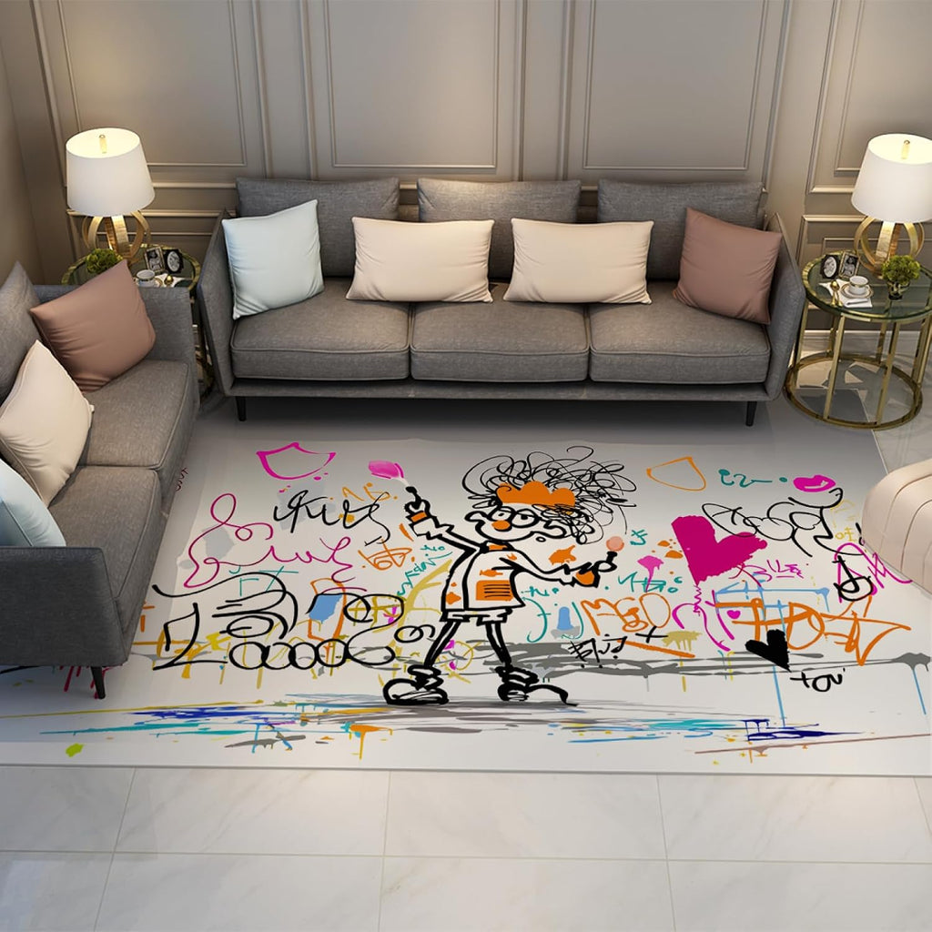 Modern Cute Graffiti Area Rug 6'x7' - Creative Cartoon Pattern Easy-Cleaning Non Slip Entry Floor Carpet Washable Rug for Living Room