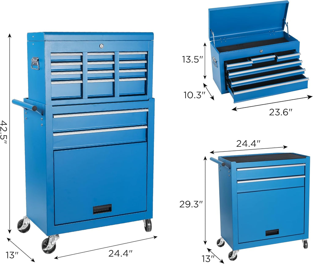 8 Drawers Tool Cart on Wheels with 1 Cabinet, Multifunctional Removable Rolling Storage Tool Chest Set,Tool Trolley Organizer Tool Box for Garage,Warehouse,Workshop,Repair Shop (42.5'H - Blue)