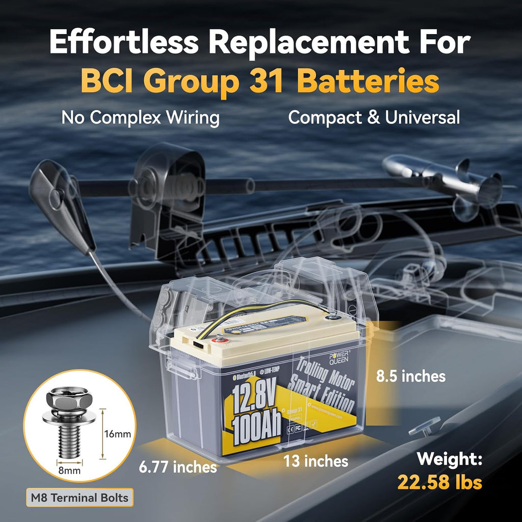 Power Queen LiFePO4 Battery 12V 100Ah Bluetooth Group31 Deep Cycle Battery, Max. Output Power 1280W, 100A BMS with Low-Temp Cut-off Protection for RV, Trolling Motors, Solar System