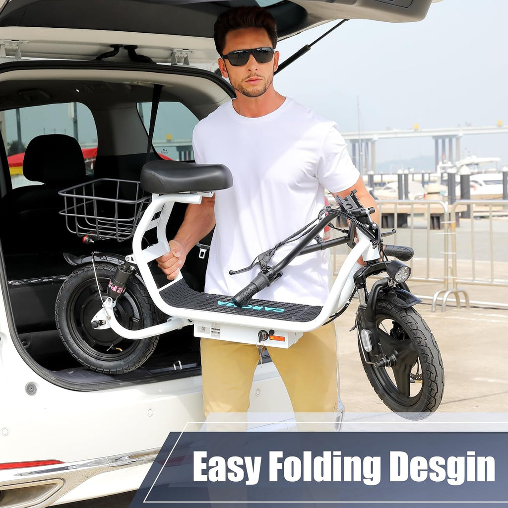 Caroma Peak 800W/1200W Electric Scooter with Seat, Max 20/30Miles&20MPH, 14' Tires Foldable Adult Electric Scooter with Basket for Pets & Cargo, Dual Shock Absorbing EScooter for Commuting