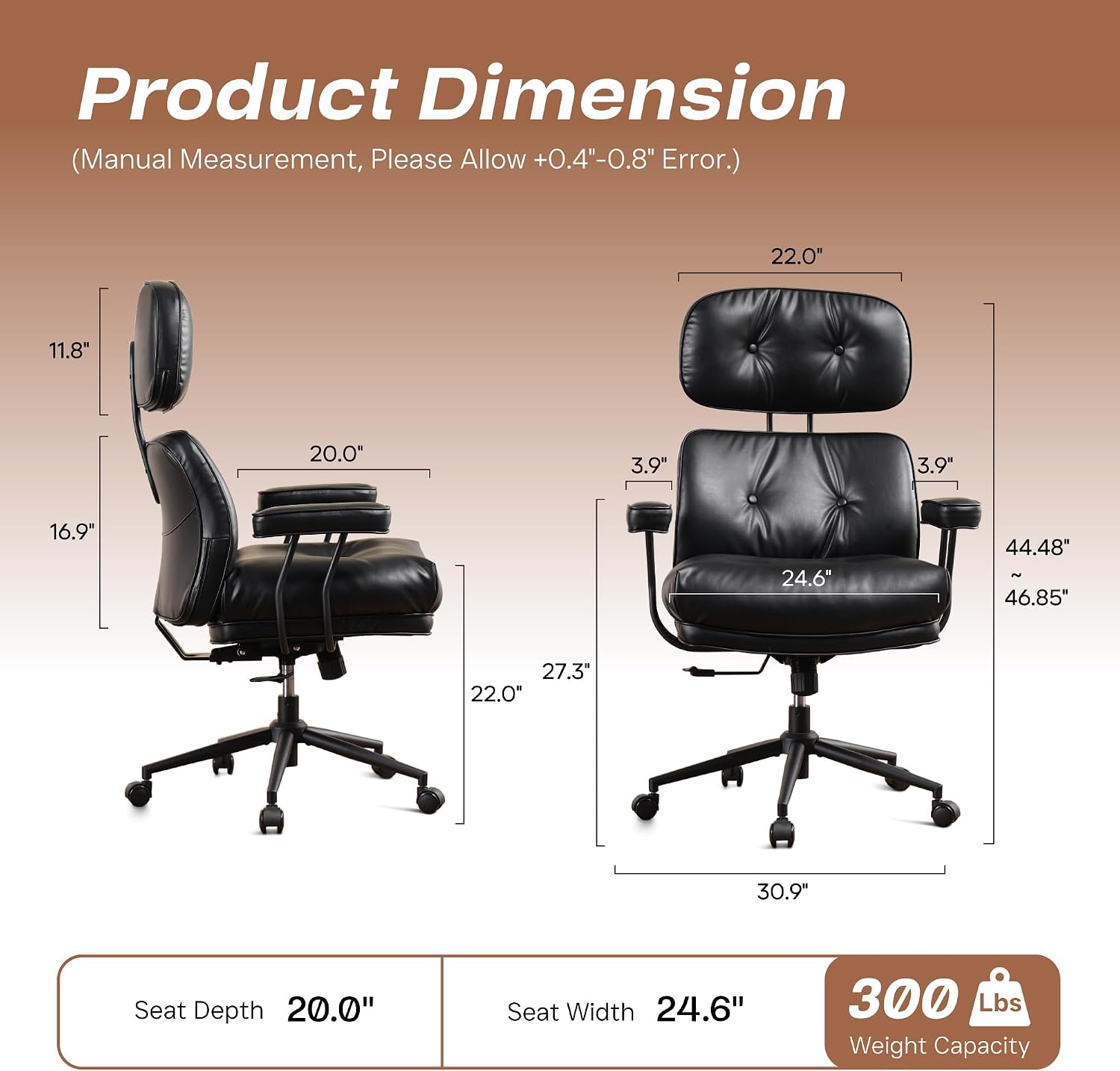 CAODOC Big and Tall Office Chair, 300LBS PU Leather Executive Office Chair Whit Lumbar Support, Managerial Home Desk Chair, Heavy Duty High Back Computer Chair(PU Leather Black)