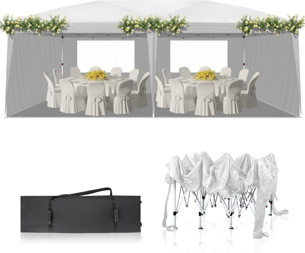 VINGLI 10x10 Pop Up Canopy Tent with Carry Bag and Sandbags, Outdoor Gazebo Canopy 10x10 Party Tent Commercial for Party, Event (White, 10x20ft)