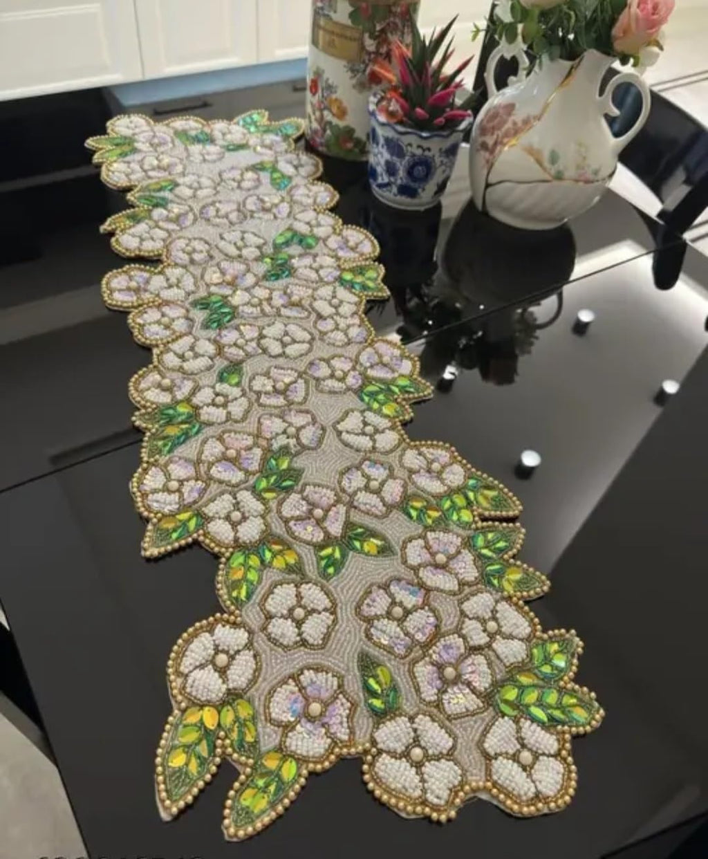 Beaded Table Runner, Floral Design with Gold Trim, White Flowers with Green and Yellow Leaves