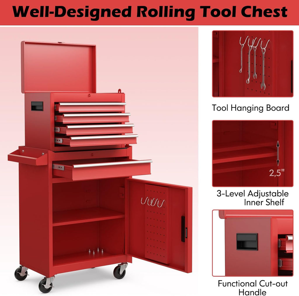 S AFSTAR 5-Drawer Rolling Tool Chest, High Capacity Tool Storage Cabinet with Lockable Wheels, Adjustable Shelf & Anti-Slip Liner, Detachable Tool Box Organizer Tool Cabinet for Garage Workshop (Red)