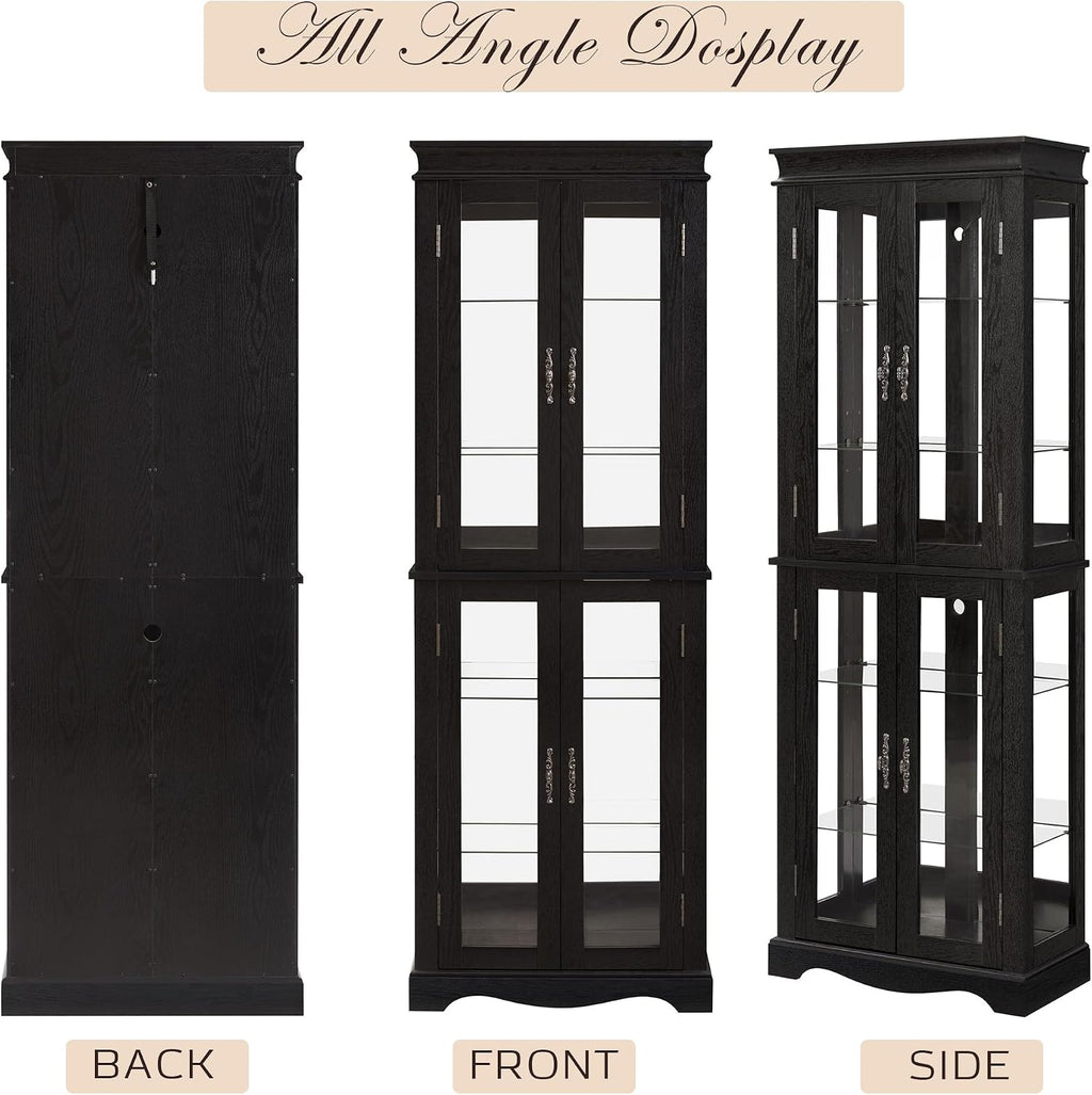71' Lighted Curio Cabinet with 6 Adjustable Shelves, Vintage Glass Display Case, Tempered Glass Doors, Tall Wine Bar Cabinet for Living Room Liquor Storage, Bulb Included (Black & Arched bottom)