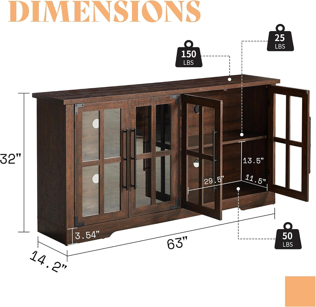 AMERLIFE Farmhouse 63' Buffet Sideboard Cabinet with Glass Door, Large Storage Cabinet with Adjustable Shelf, Wooden Coffee Bar Station for Kitchen, Dinning Room, Brown