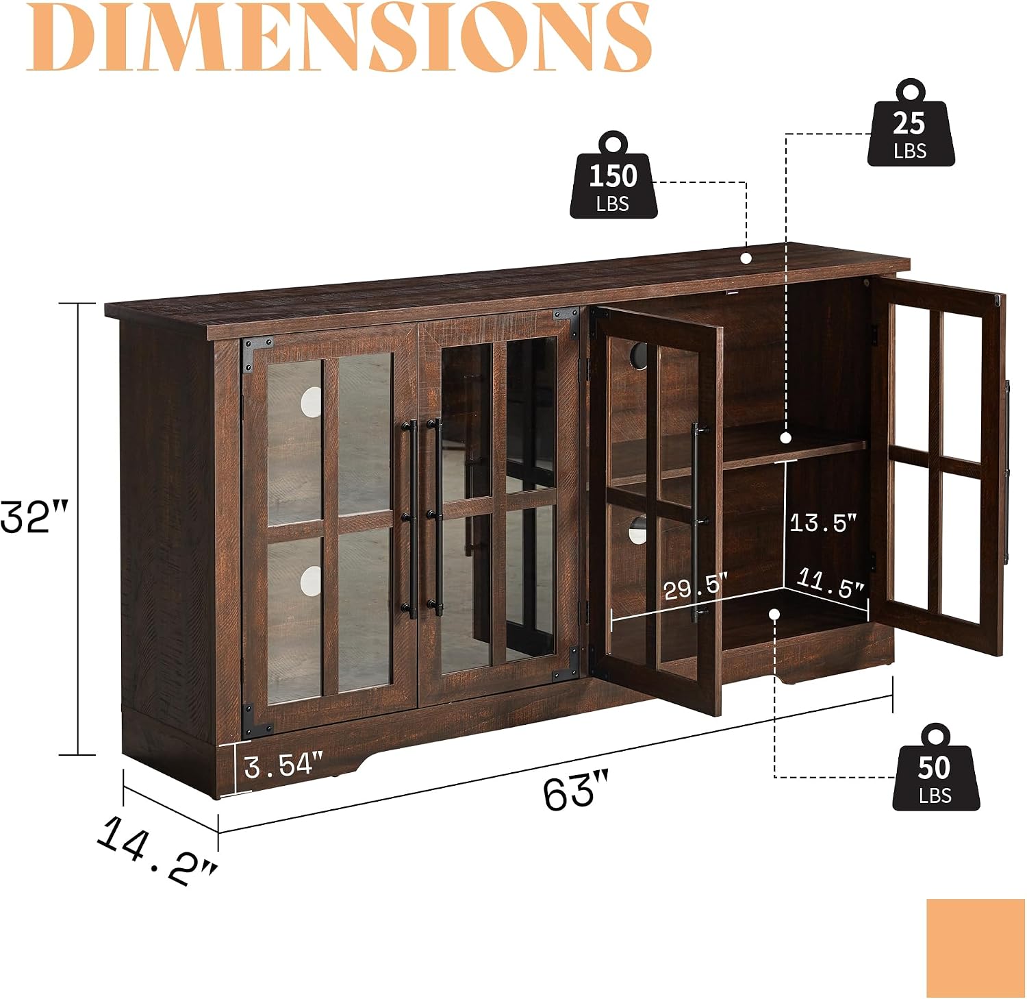AMERLIFE Farmhouse 63' Buffet Sideboard Cabinet with Glass Door, Large Storage Cabinet with Adjustable Shelf, Wooden Coffee Bar Station for Kitchen, Dinning Room, Brown