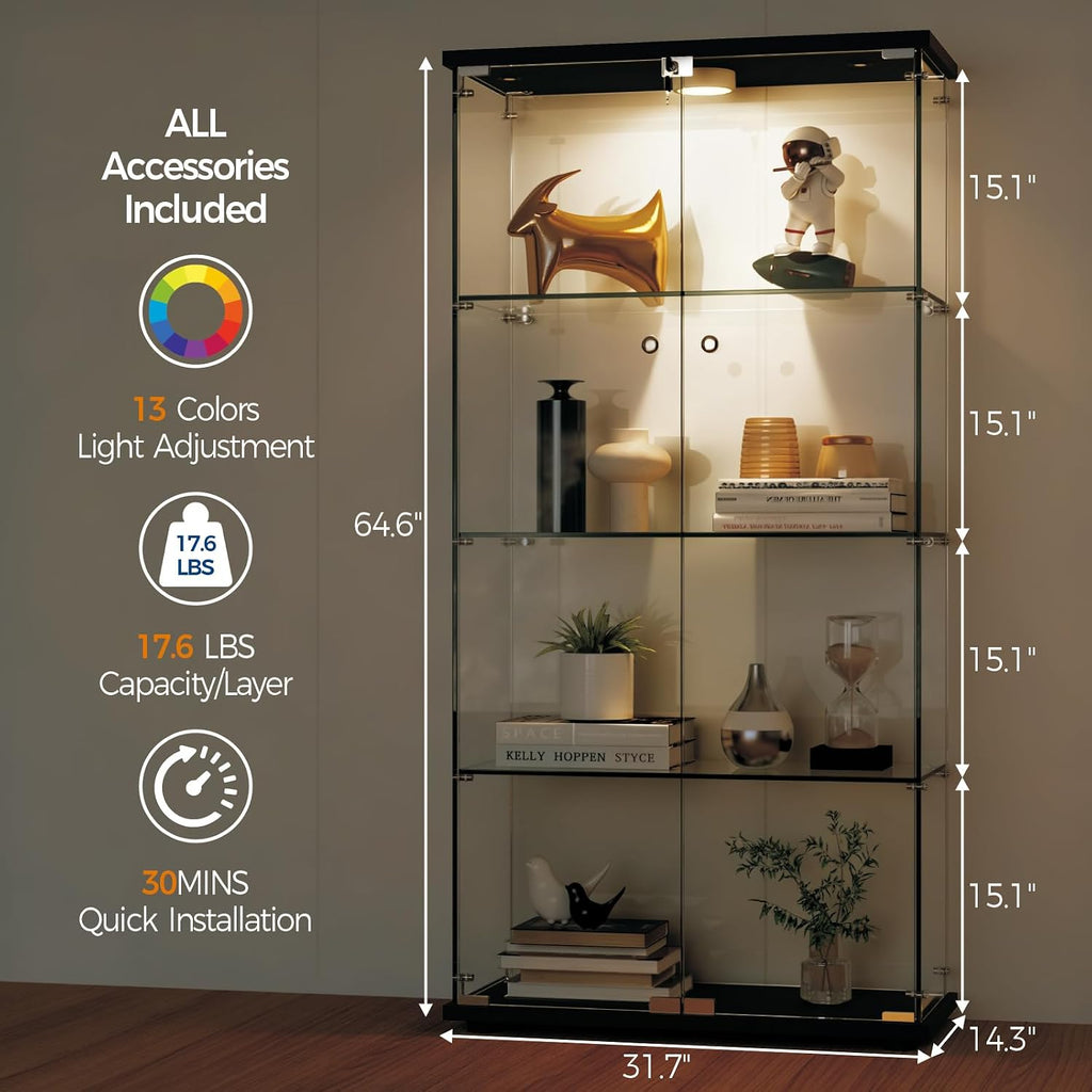 4-Tier 64.6h' Tempered Glass Display Cabinet (Black) - Full-Glass Curio Case with 13-Color LED Lights & Human Body Sensor, 17.6LBS/Layer Capacity, Quick-Install Storage for Collectibles & Decor