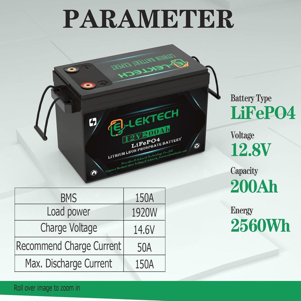 12V 200Ah LiFePO4 Lithium Battery, Built-in 150A BMS, Max. 1920W Power Output, Perfect for RV, Solar, Marine, Camping, Off-Grid, Home Energy Storage