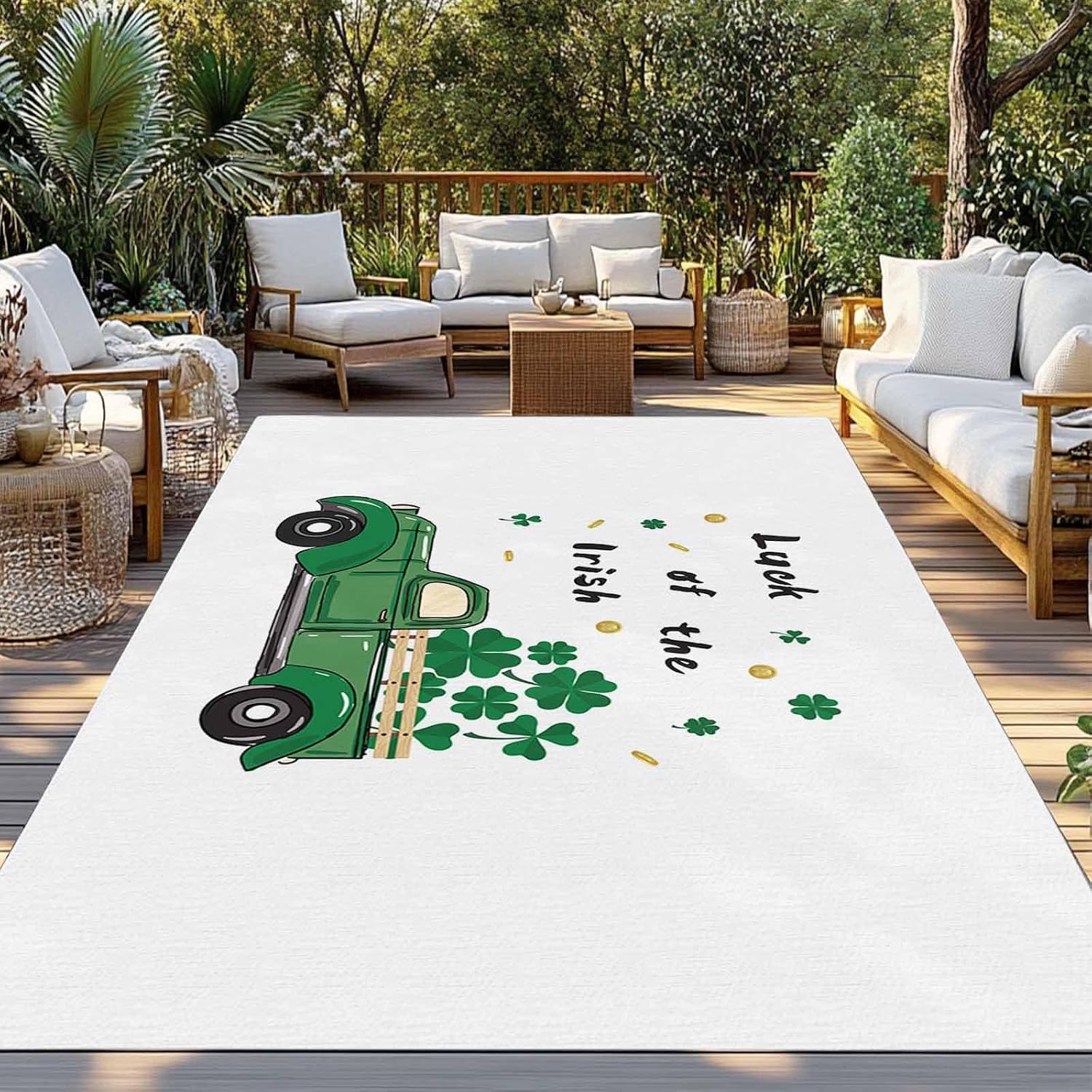Outdoor Rug 4x6ft Saint Patrick's Day Green Irish Shamrock Leaf Truck Patio Area Rugs Waterproof Easy Cleaning Non Shedding Thick Mats White Carpet for Indoor Outdoor Porch Deck Backyard Balcony