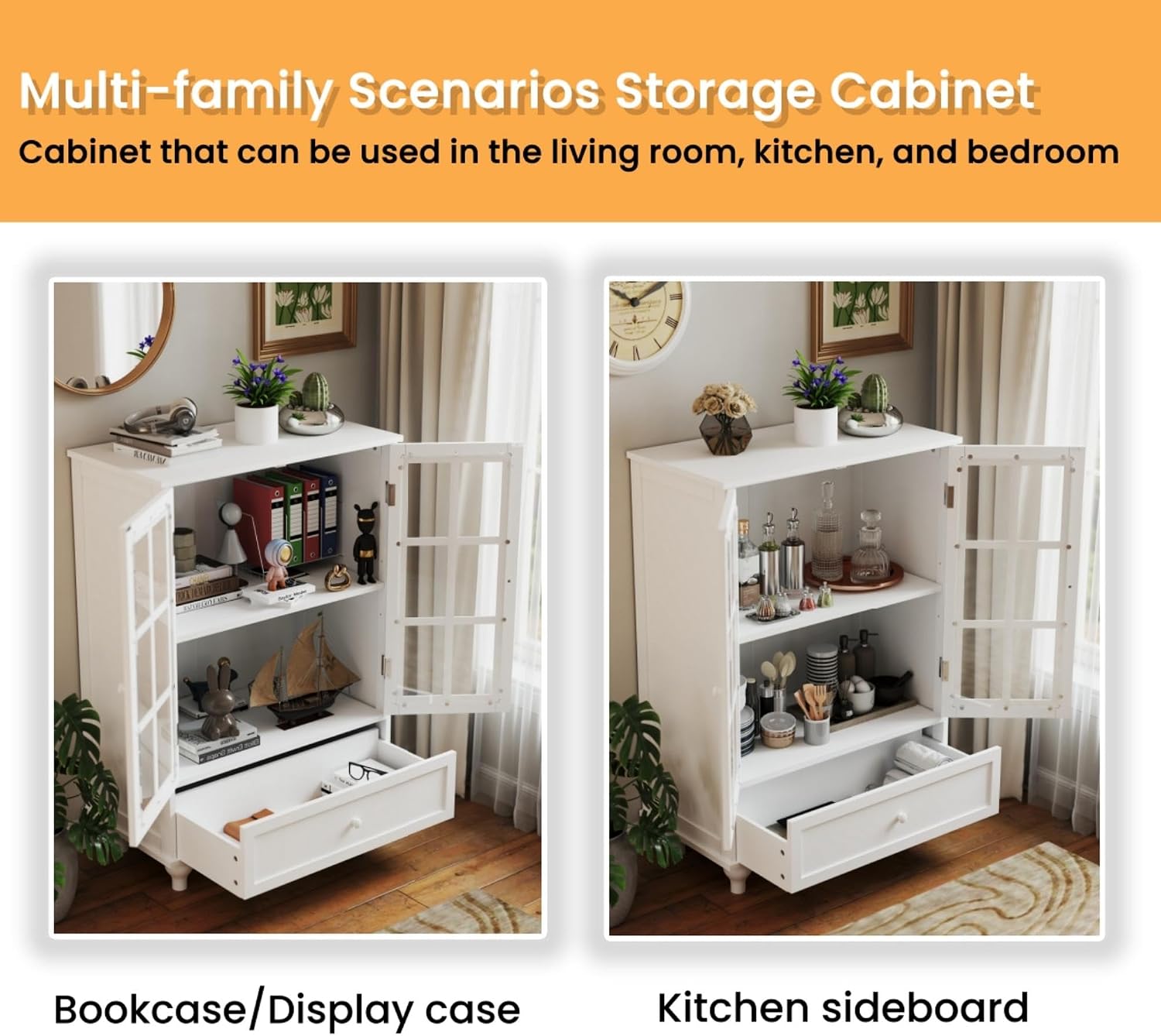 KEIKI Sideboard Buffet Cabinet with Glass Doors and Drawer, Wooden Storage Cabinet with Adjustable Shelf Modern Display Cabinet Cupboard for Living Room, Dining Room, Kitchen, Hallway, White