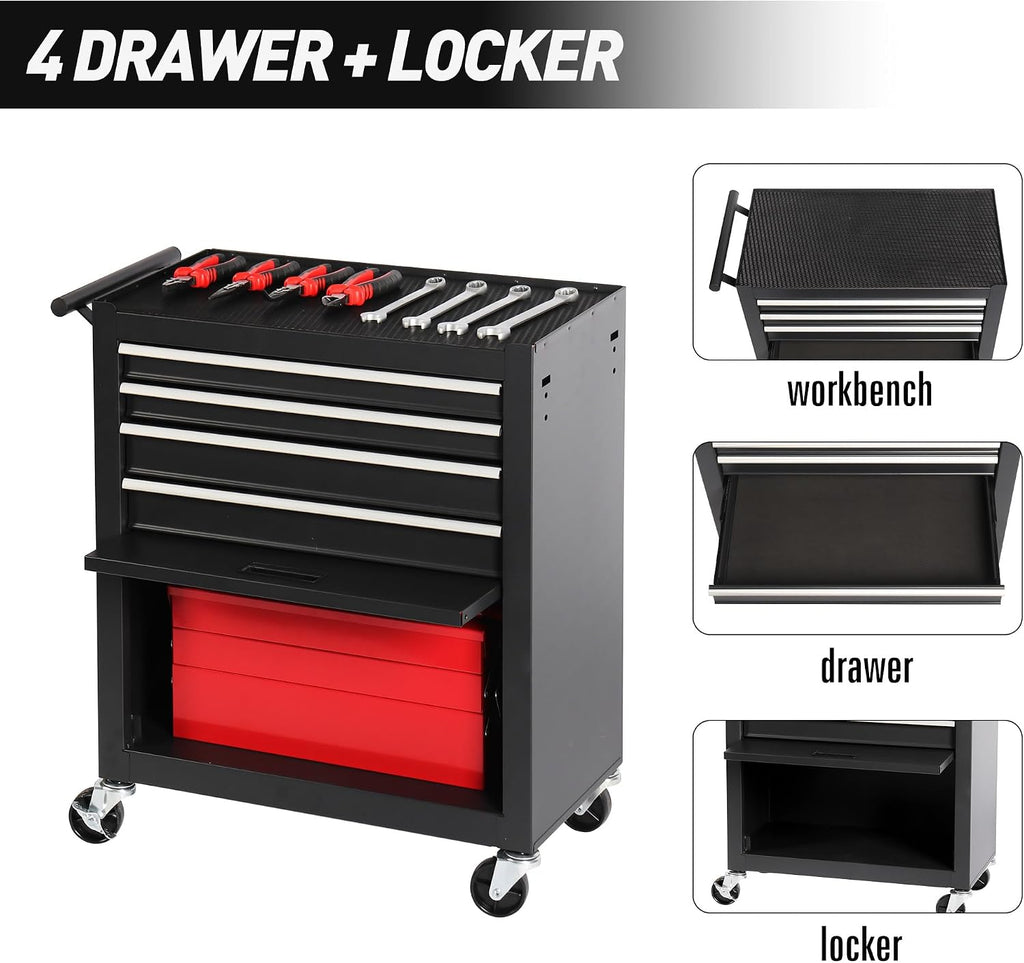 4-Drawer Rolling Tool Chest, Cabinet with 4 Wheels Tool Chest with Drawers, Suitable for Garages, Warehouses, Workshops, Repair Shops, Black