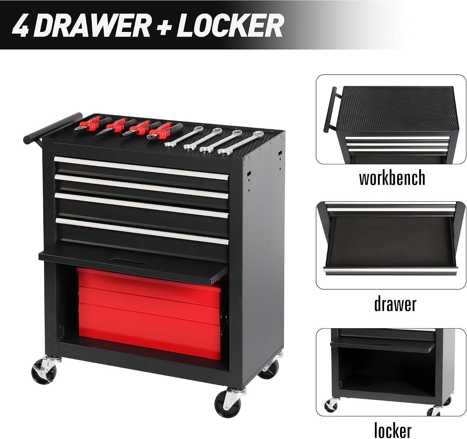 4-Drawer Rolling Tool Chest, Cabinet with 4 Wheels Tool Chest with Drawers, Suitable for Garages, Warehouses, Workshops, Repair Shops, Black