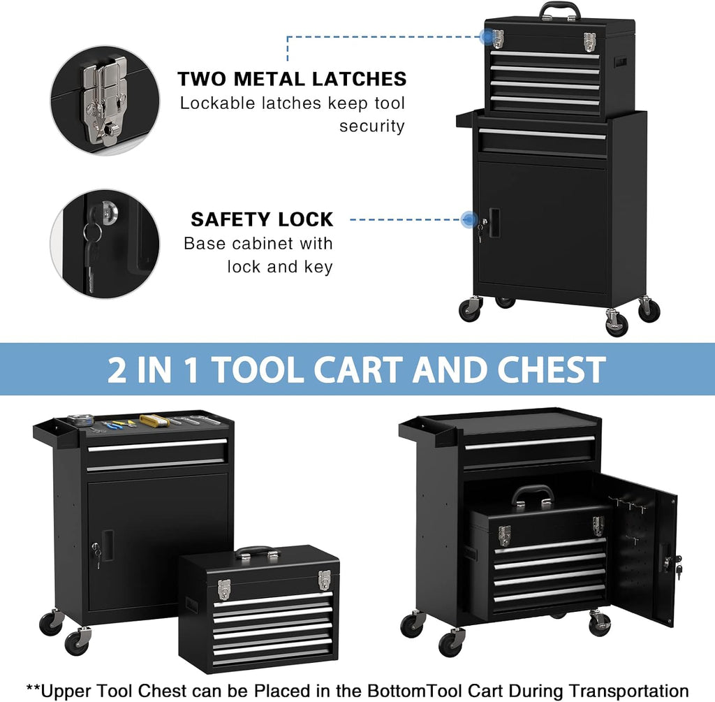 5-Drawer High Capacity Rolling Tool Chest, Removable Toolbox on Wheels Organizers, Lockable Tool Box Tool Storage Cabine with Drawers and Wheels for Workshop and Warehouse