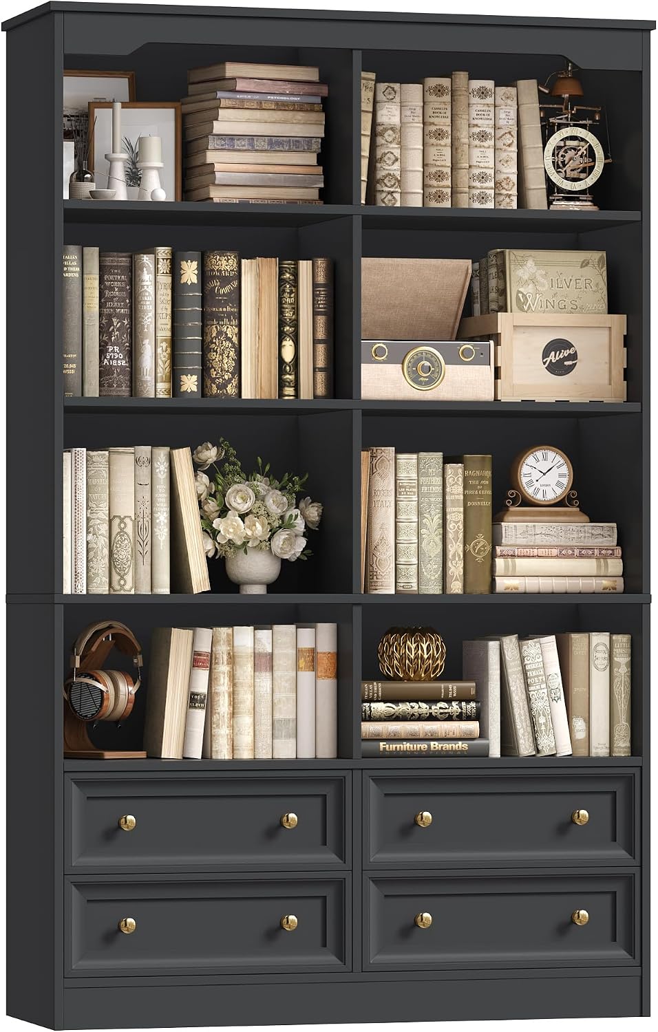 FINETONES 71' Black Bookshelf with 4 Drawers, 6-Tier Double Wide Bookshelves and Bookcases with Storage, Tall Bookshelf Large Open Bookshelves Standing Book Cabinet for Home Office, Black