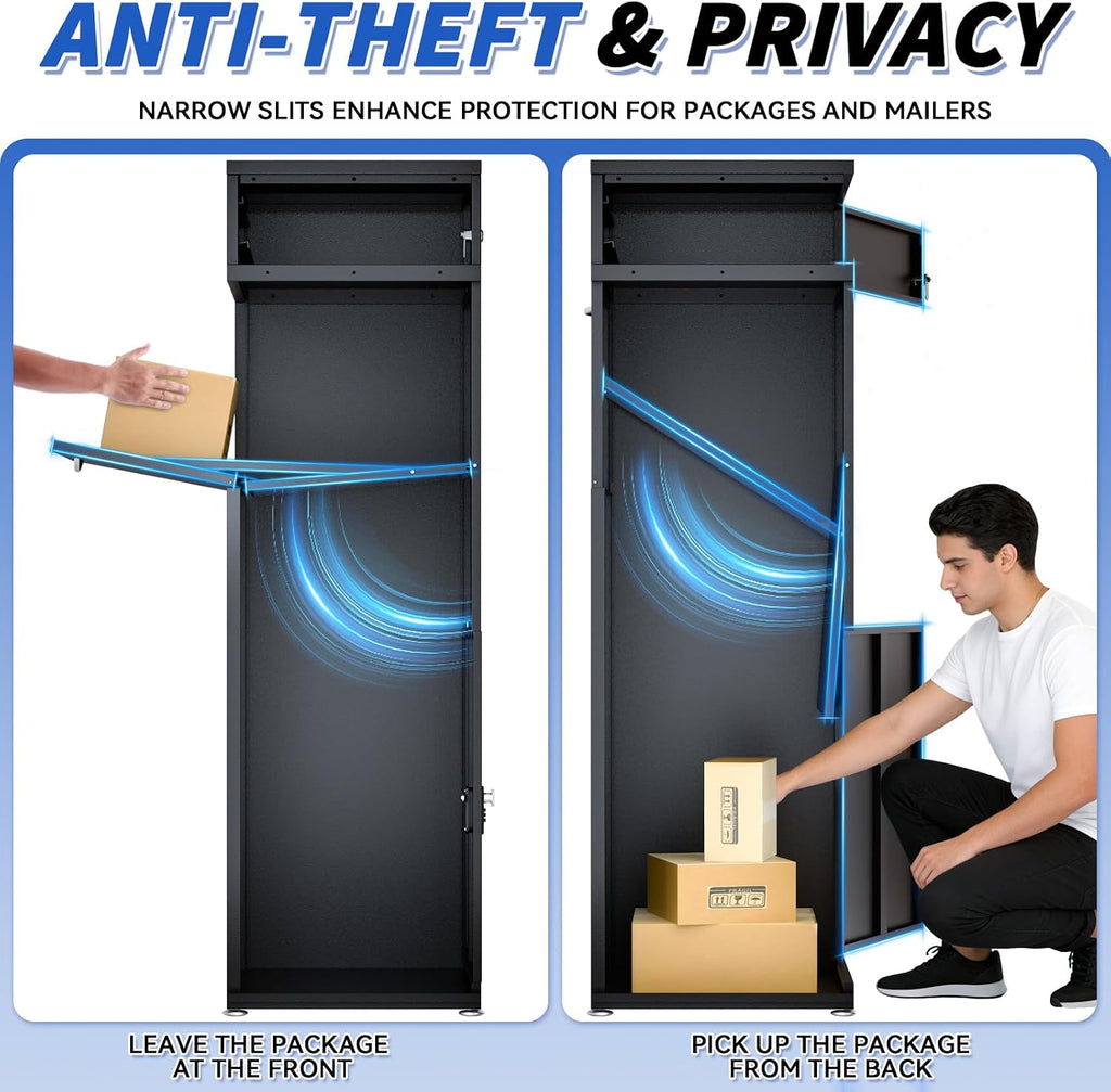 47IN Front in Back Out Package Delivery Box for Outside, Extra Large Parcel Drop Boxes with Secure Storage, Ultra Anti-Theft Parcel Mailbox Suitable for Home, Office, Shop, Business