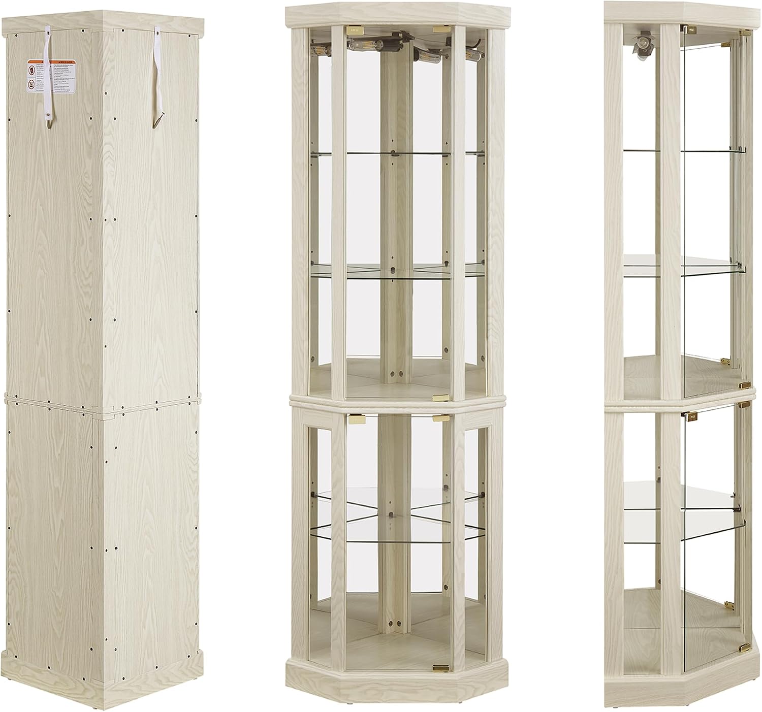 69' H Lighted Curio Cabinet Corner Display Case,Corner Glass Cabinets with Tempered Glass Door and Adjustable Shelves,Wooden Curio Cabinet with Mirrored Back Pane(Style 1 - Antique White)