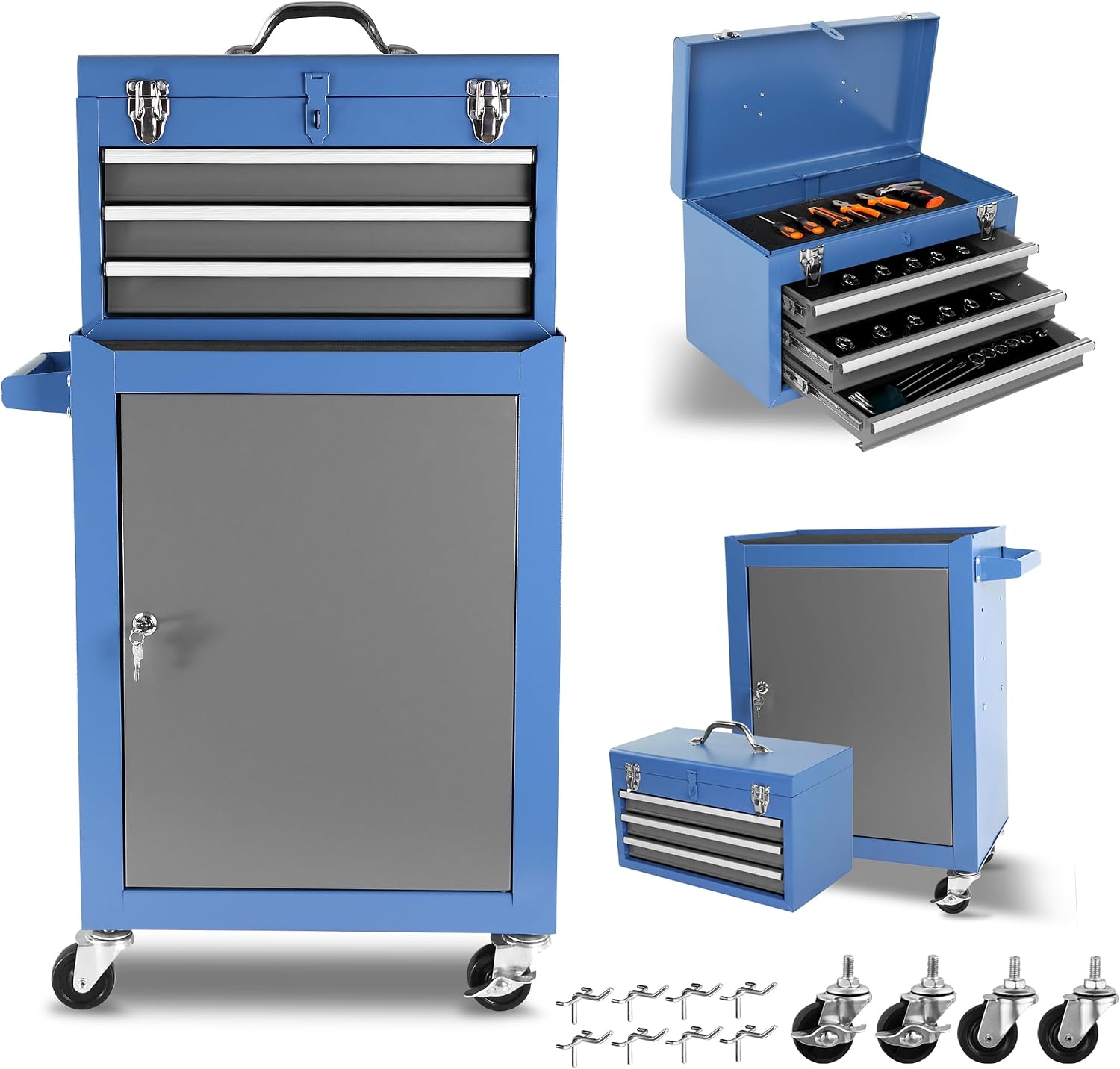 Rolling Garage Workshop Tool Organizer: Detachable 3 Drawer Tool Chest with Large Storage Cabinet and Adjustable Shelf