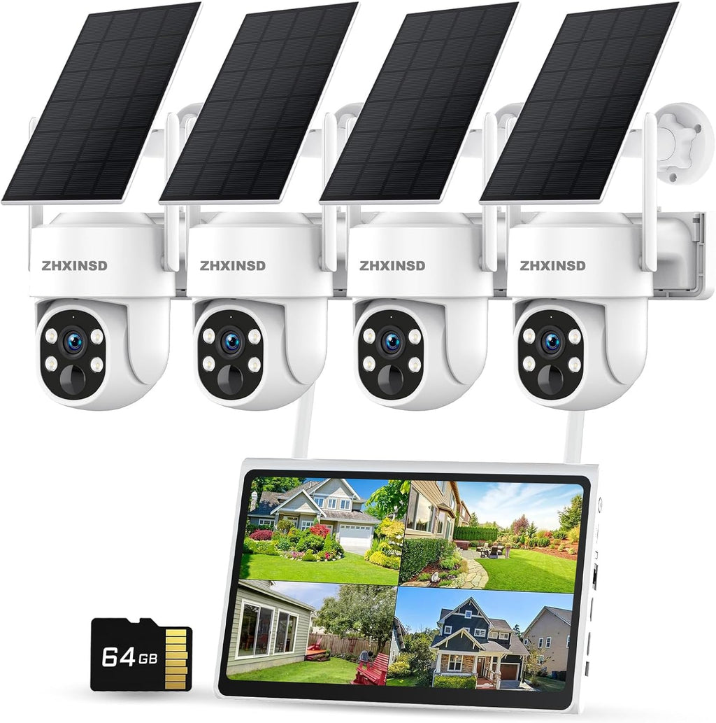 Solar Security Cameras System, Wireless Outdoor with 10' LCD Monitor, 4PCS 4MP Solar Powered PTZ Camera with Solar Panel for Home Security, 10 CH Expandable, Color Night Vision, 2-Way Audio