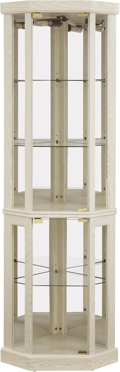 Ball & Cast 70' H Lighted Corner Curio Cabinet, Glass Display Cabinet with 5 Tempered Adjustable Glass Shelves and Doors,Include Light Bulb, Rack for Living Room,Antique White