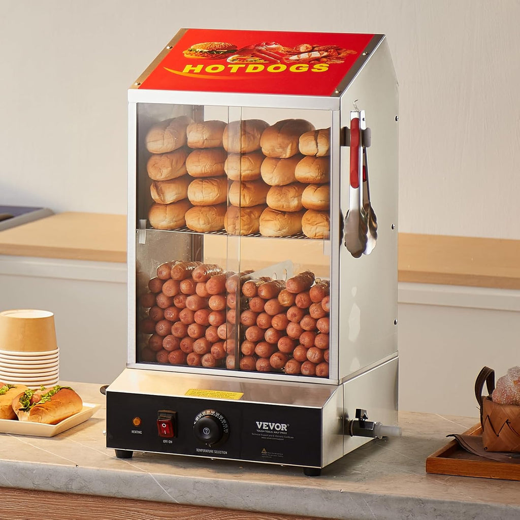 VEVOR Hot Dog Machine, 36 L, 2-Tier Hot Dog Steamer for 200 Hotdogs & 42 Buns, 1200W Electric Bun Warmer Cooker with Rotary Knob Temp Display