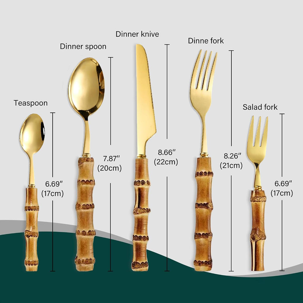 60-Piece Gold Bamboo Flatware Set for 12 – Bamboo Handle Cutlery Set, Reused Kitchen Utensils, Household Silverware with Golden Finish (Knife, Fork, Spoon)