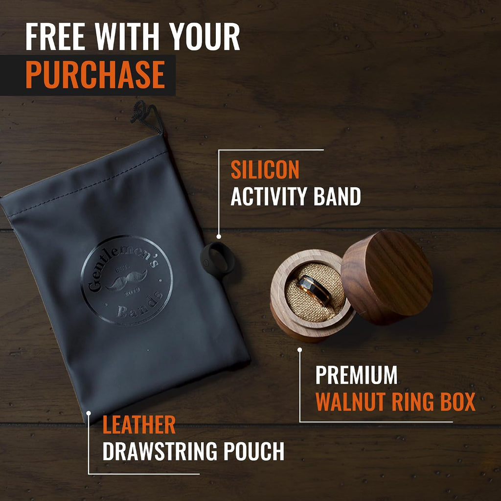 Gentlemen's Bands Premium Silver Tungsten Wedding Band with Royal Blue Opal & Koa Wood Inlay | Wedding Ring Is Ideal Gift | Package Includes Silicon Band, Walnut Ring Box, Leather Pouch