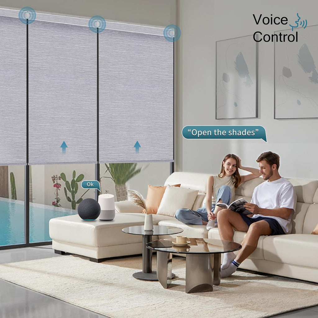 Motorized Roller Shade,100% Blackout Smart Window Blinds Work with Homekit, Alexa, Google Home,Remote,Electric Blinds with USB/Solar Pannel Charging,Classic Grey