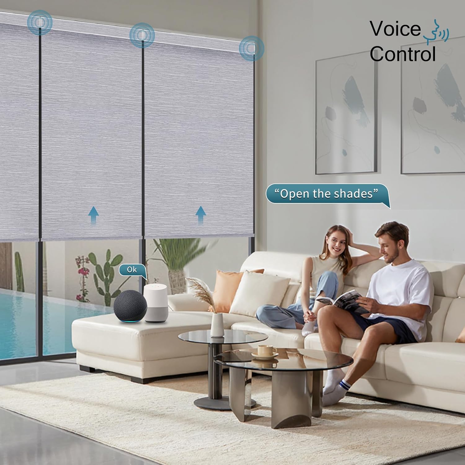Motorized Roller Shade,100% Blackout Smart Window Blinds Work with Homekit, Alexa, Google Home,Remote,Electric Blinds with USB/Solar Pannel Charging,Classic Grey