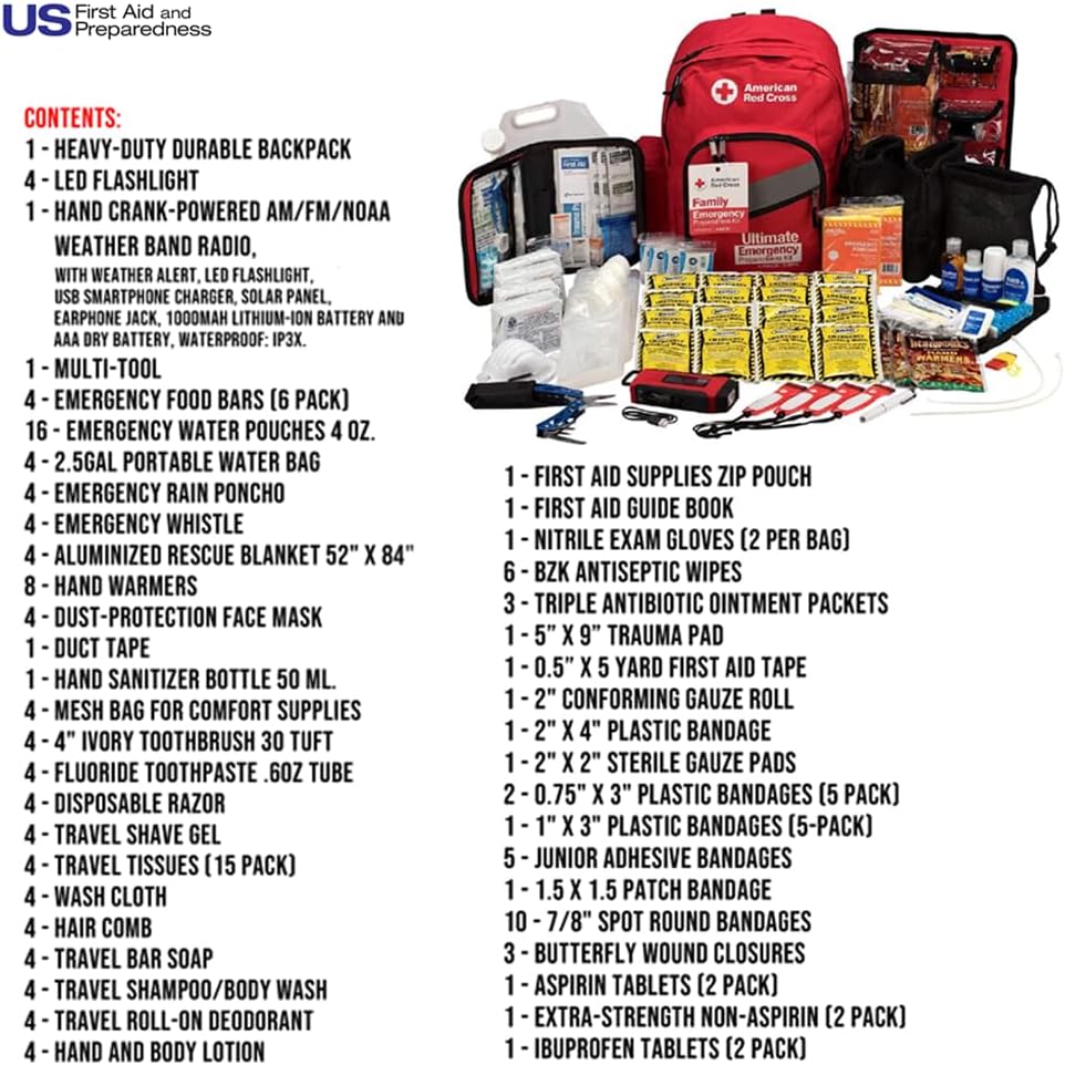 American Red Cross Officially Licensed Product |3-Day Emergency Preparedness Deluxe Backpack | 72 Hour Survival Supplies for 4 People | Water, Phone Charger, Blanket, Food