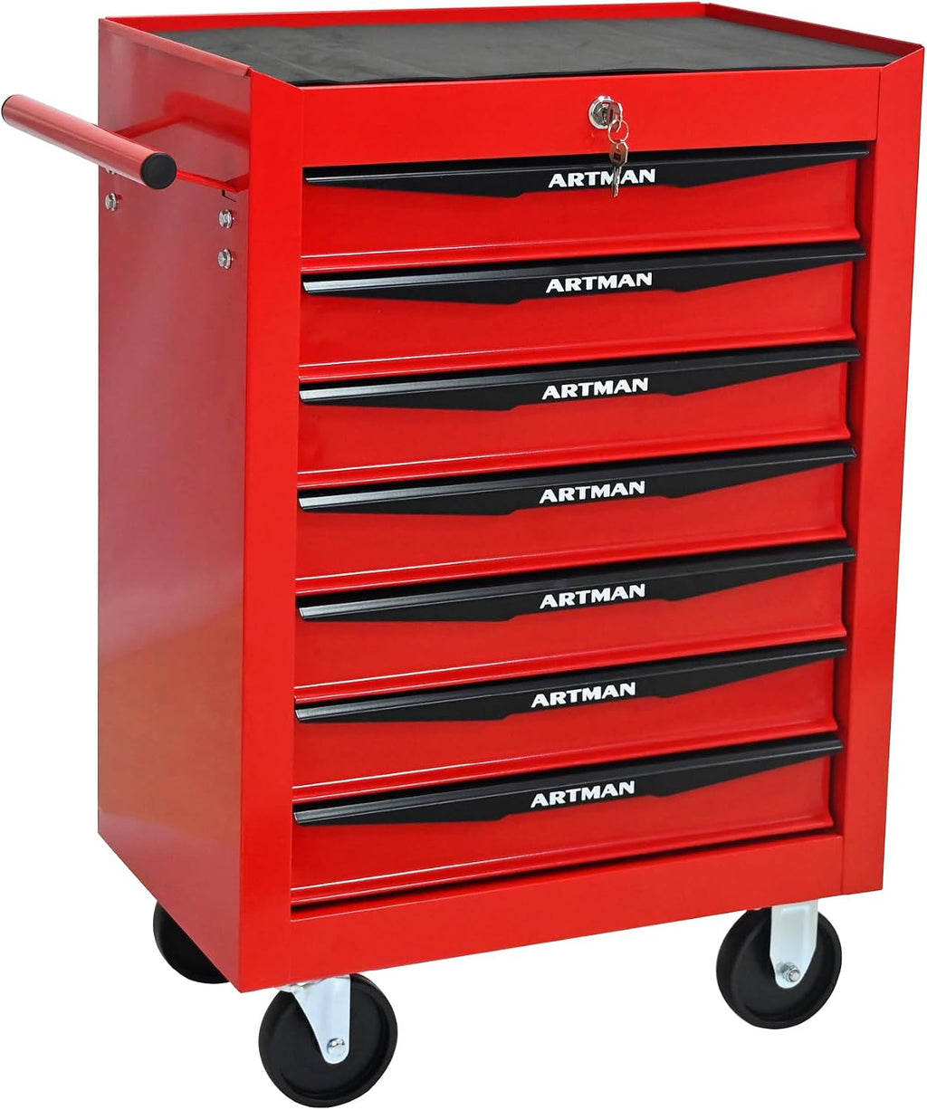 Rolling Tool Chest Cart with 7 Drawers,Storage Tool Cabinet on 4 Wheels. Lockable Tool Cart with Drawer Liners.Steel Tool Box Organizer for Garage,Repair Workshop-Red