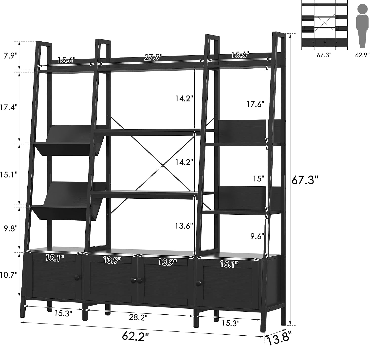 Nosepen Ladder Bookshelf with 4 Doors, 4 Tier Triple Width Large Open Storage Shelving, Industrial Style Capacity Home Office Bookcase with Adjustable Shelves, Display Cabinet Black