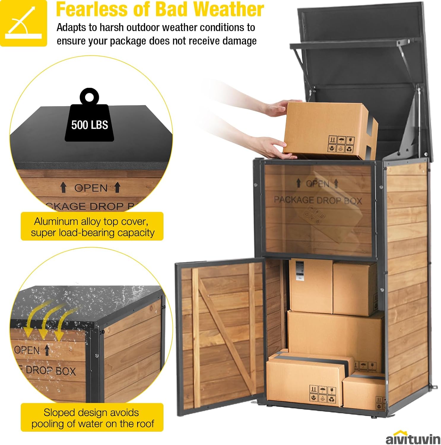 Aivituvin Package Delivery Box for Outside with Combination Lock | solid wood-iron frame, weatherproof, 10'x18'x18' parcel fit, one-way slot, lockable porch storage