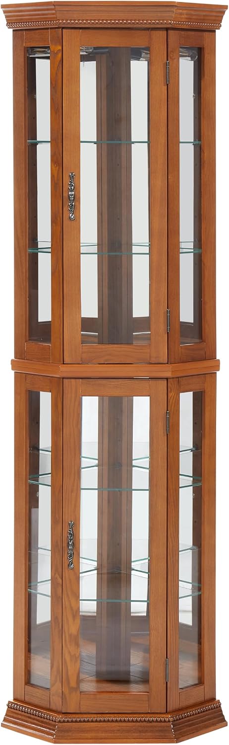 Ball & Cast 70' H Lighted Corner Curio Cabinet, Glass Display Cabinet with 6 Tempered Adjustable Glass Shelves and Doors,Include Light Bulb, Rack for Living Room,Oak