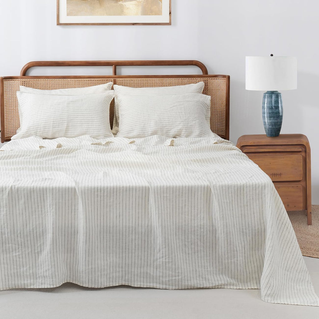 S VICTORY SYMBOL 100% Organic Linen Sheets Set Grey Pinstripe California King,Yarn Dyed French Natural Stone Washed Flax Bedding Set CK 4pcs,Ultra Soft&Breathable