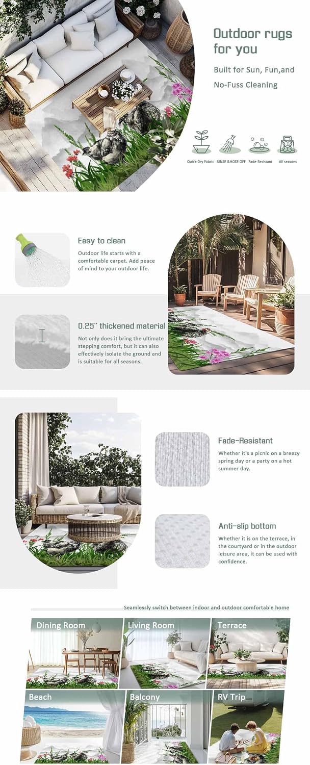Outdoor Rug 4x6ft Nature Landscape Black Sketch Rooster Green Grass Patio Area Rugs Waterproof Easy Cleaning Non Shedding Thick Mats Mountain Carpet for Indoor Outdoor Porch Deck Backyard Balcony