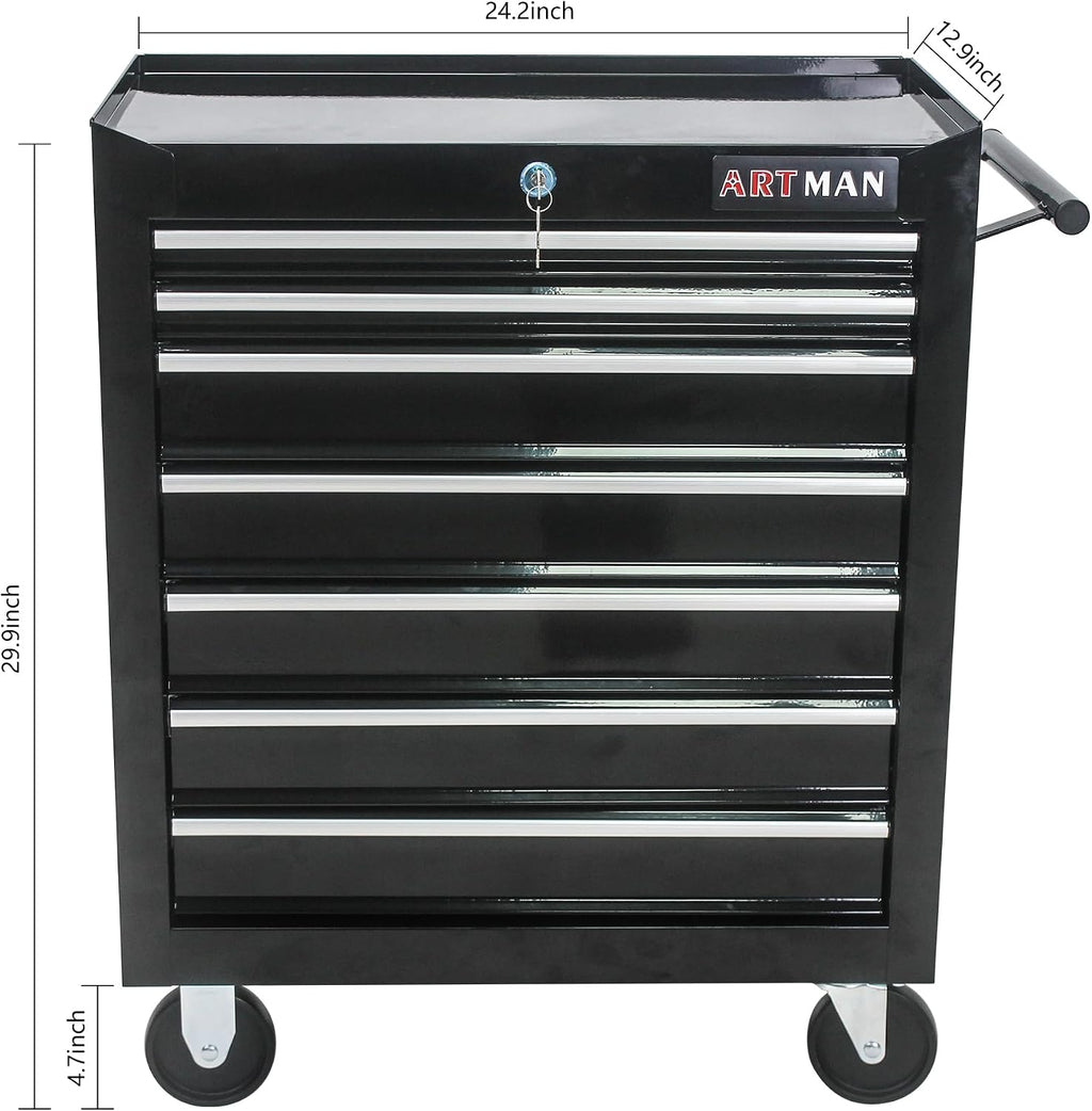 Rolling Tool Cart with 7 Drawers, Lockable Heavy-Duty Steel Cabinet on Wheels, 1000 lb Capacity, Ball-Bearing Slides, Powder-Coated Finish, Black