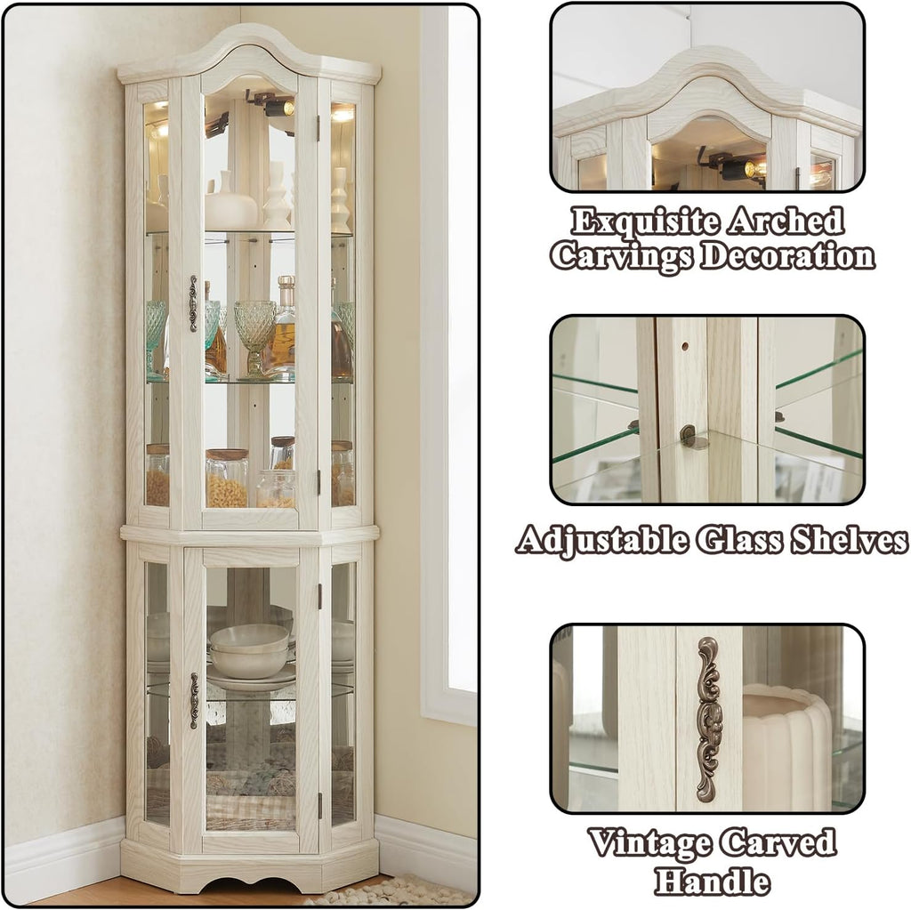 70'H Lighted Corner Display Cabinet, 5-Tier Wooden Curio Glass Cabinet with Adjustable Shelves, Carved Crown Corner Storage Display Case with Mirrored Back Pane for Living Room (Antique White)