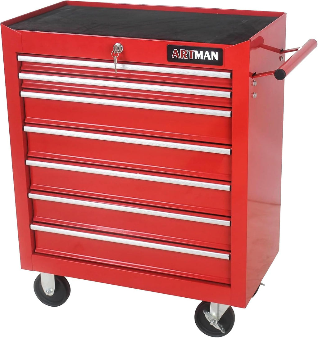 7-Drawer Metal Rolling Tool Cart on Wheels,Tool Storage Cabinet With Locking System,Multifunctional Tool Box Tool Chest with Wheels for Garage, Warehouse,Repair Shop,Workshop (Red)