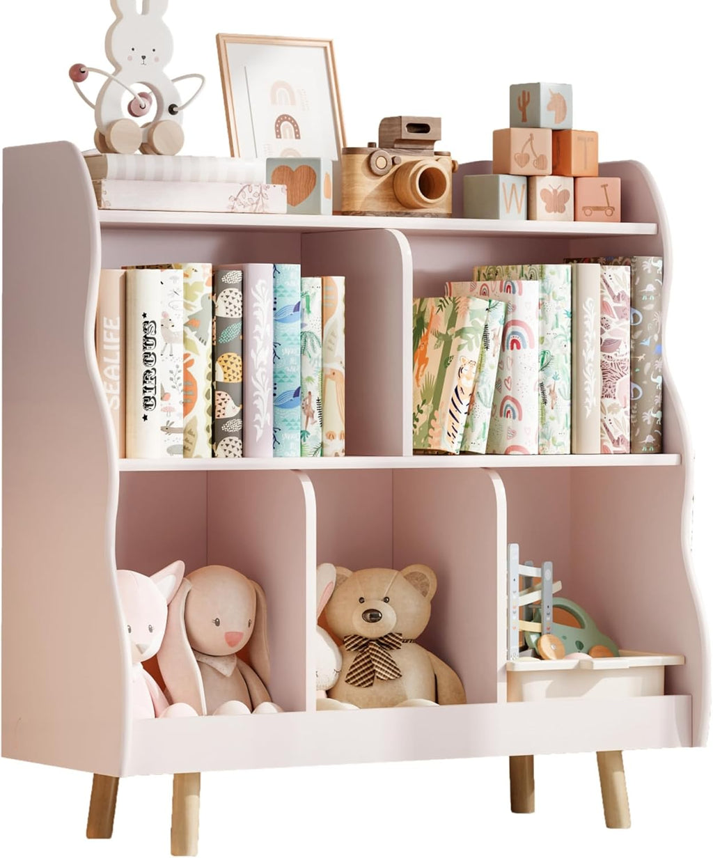 Treocho Kids Bookshelf and Toy Storage Orangizer, 3-Tier Wooden Children's Bookcase with Curve Design, 5 Cubbies Toy Storage Cabinet Display with Legs for Children's Room, Playroom, School, Pink