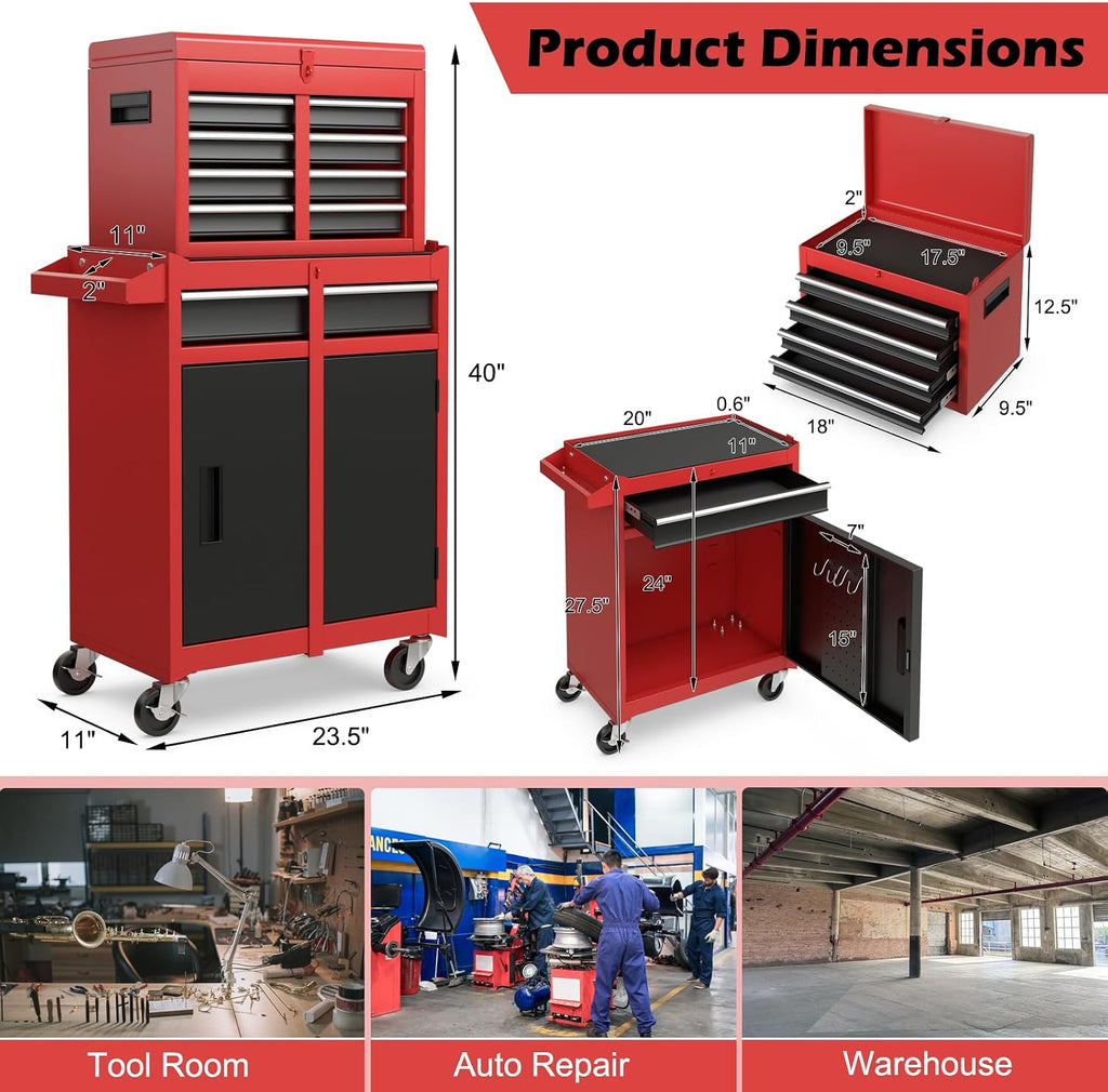 S AFSTAR 5-Drawer Rolling Tool Chest, High Capacity Tool Storage Cabinet W/Lockable Wheels, Adjustable Shelf & Anti-Slip Liner, Detachable Tool Box Organizer, Rolling Tool Cabinet (Black & Red)