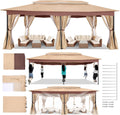HOTEEL Gazebo 12x20 Heavy Duty Gazebo with Curtain and Netting Outdoor Gazebo Double Roof Patio Gazebo with Metal Steel Frame Gazebo Tent for Party, Gathering (Khaki, Flat Top, Curtain & Netting)